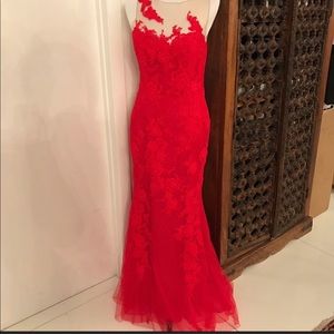 Pronovia Red Chantilly Lace Evening Gown